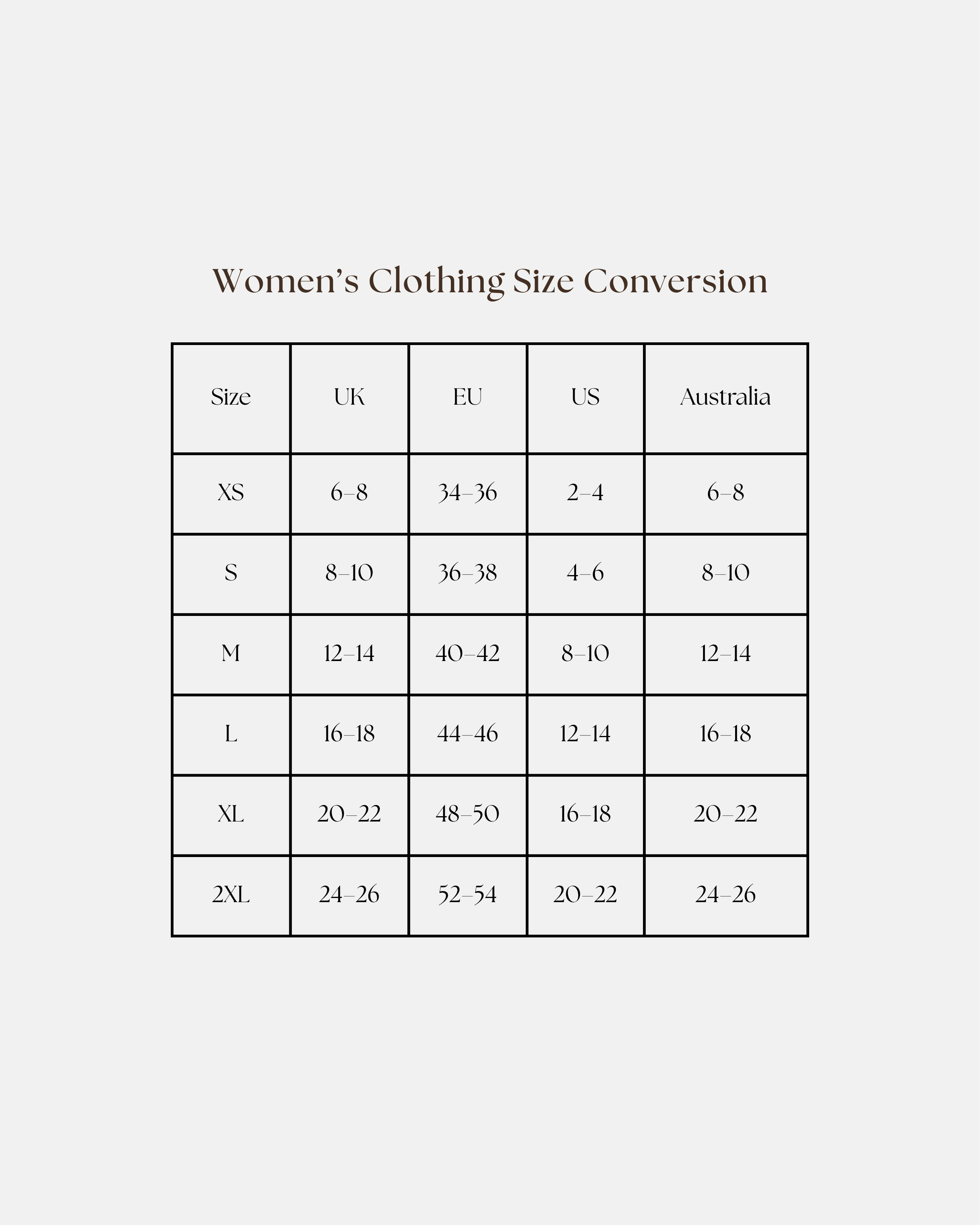Our Size Guide | Women's Clothing Size Conversion  The Tog Boutique