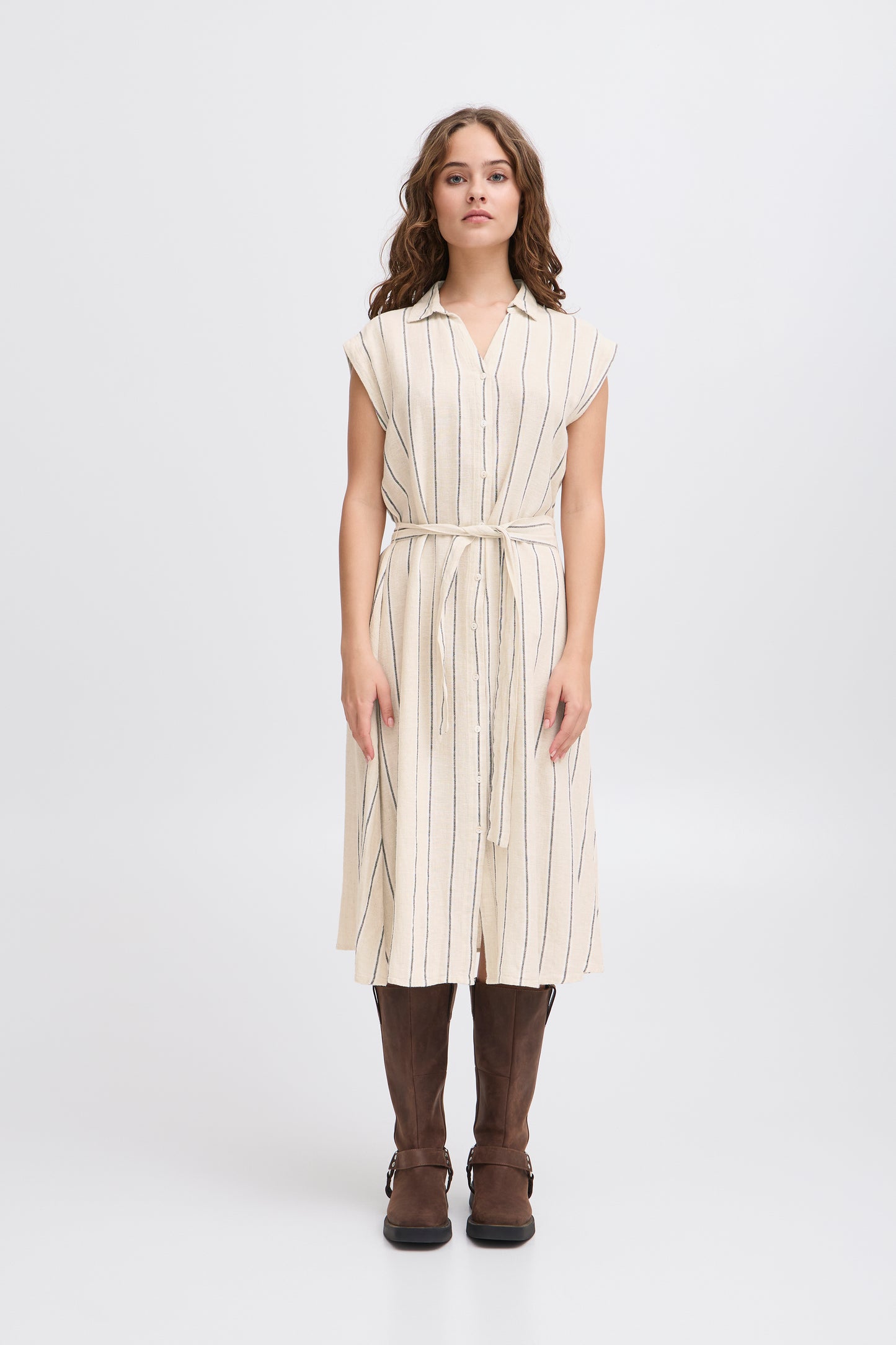Ichi Linno Dress | Natural Ecru Stripe