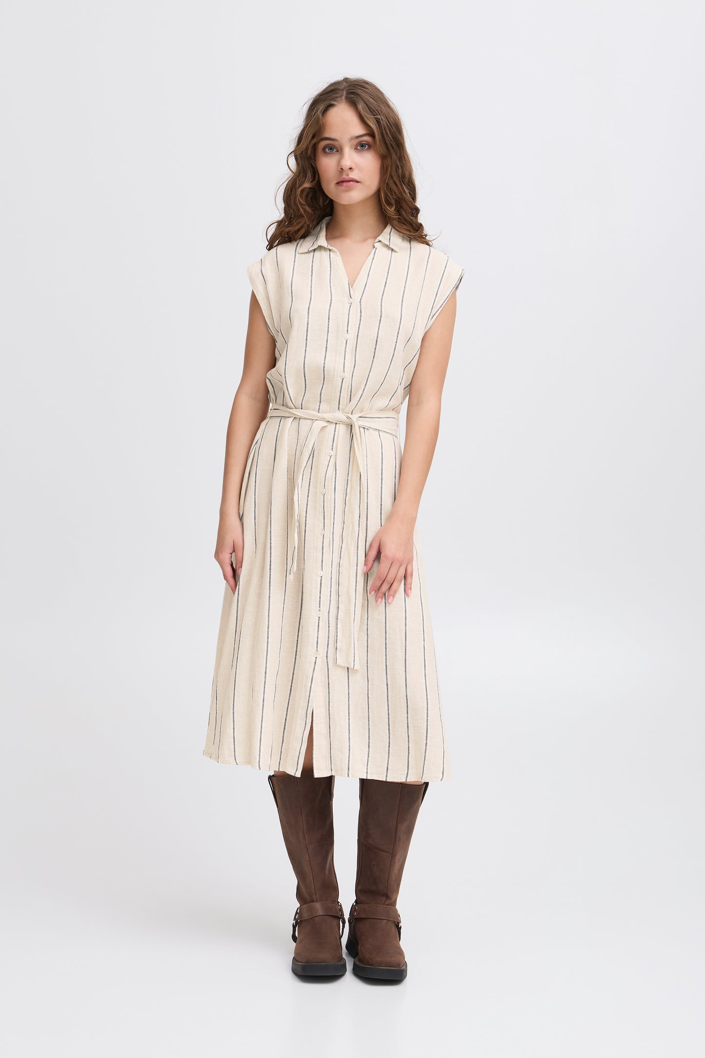 Ichi Linno Dress | Natural Ecru Stripe
