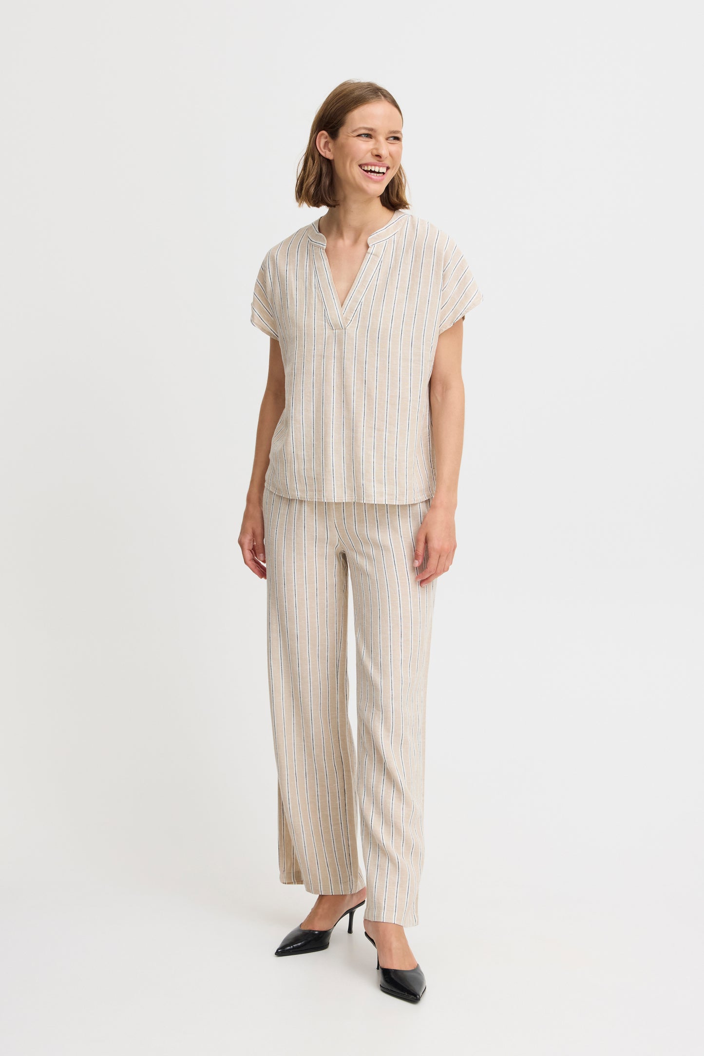 B Young V-Neck Blouse | Humus Stripe Mix
