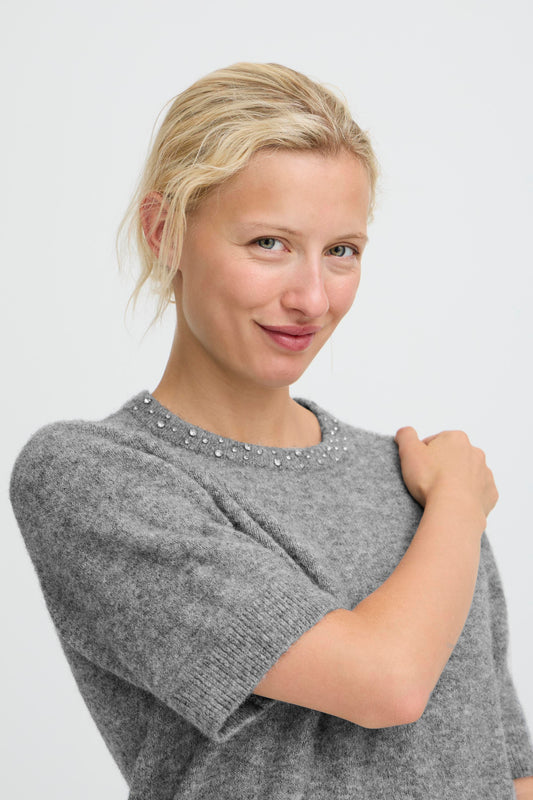 Byomea Rhinestone Short Sleeve Jumper | Mid Grey Melange