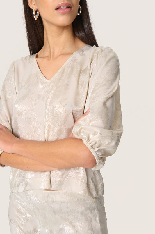 Soaked in Luxury Kitty Blouse | Ancient Scroll Metallic Print