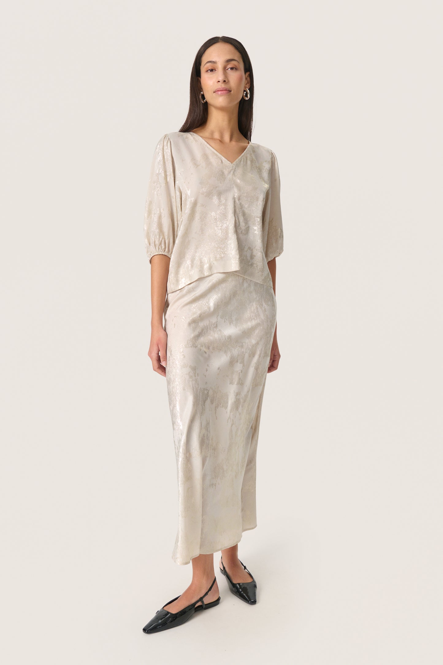 Soaked in Luxury Kitty Blouse | Ancient Scroll Metallic Print