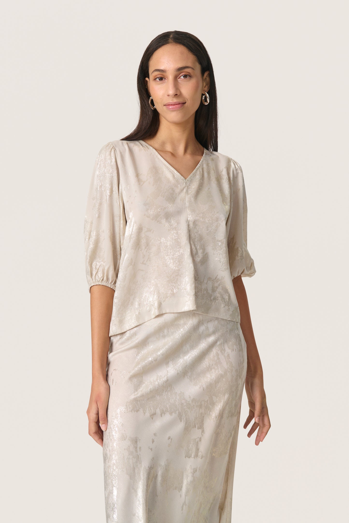 Soaked in Luxury Kitty Blouse | Ancient Scroll Metallic Print