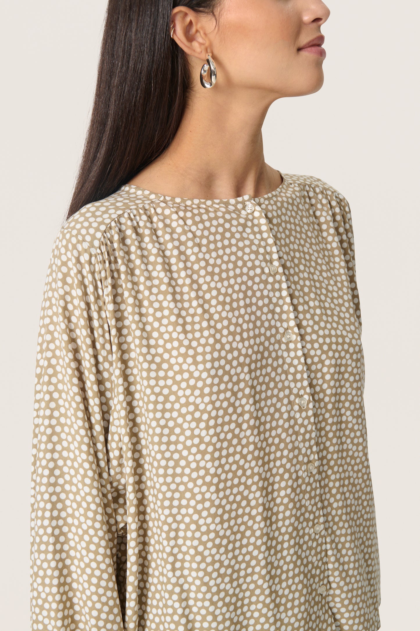Soaked in Luxury Arjana Leodora Blouse | Khaki Green & White Dots