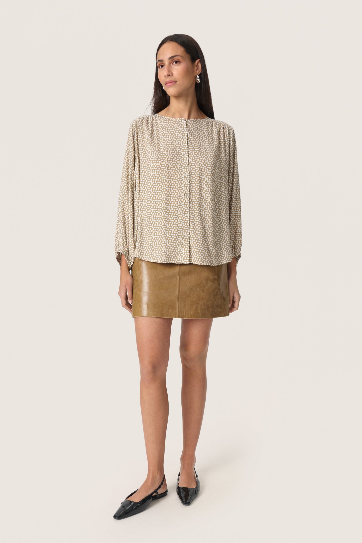Soaked in Luxury Arjana Leodora Blouse | Khaki Green & White Dots