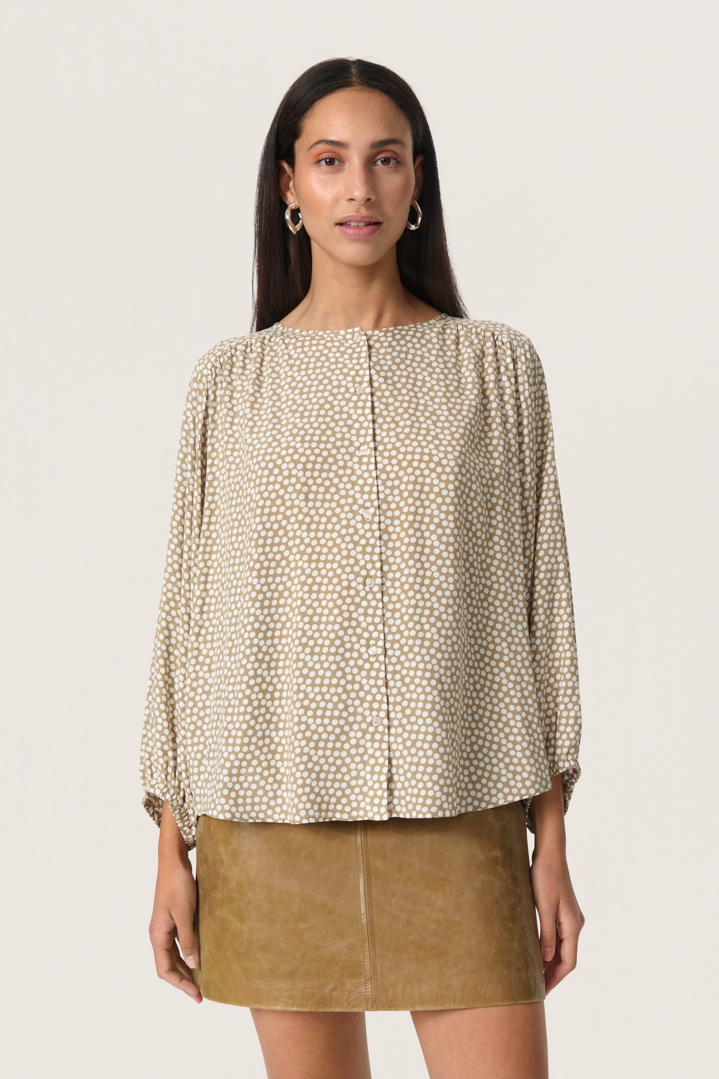 Soaked in Luxury Arjana Leodora Blouse | Khaki Green & White Dots