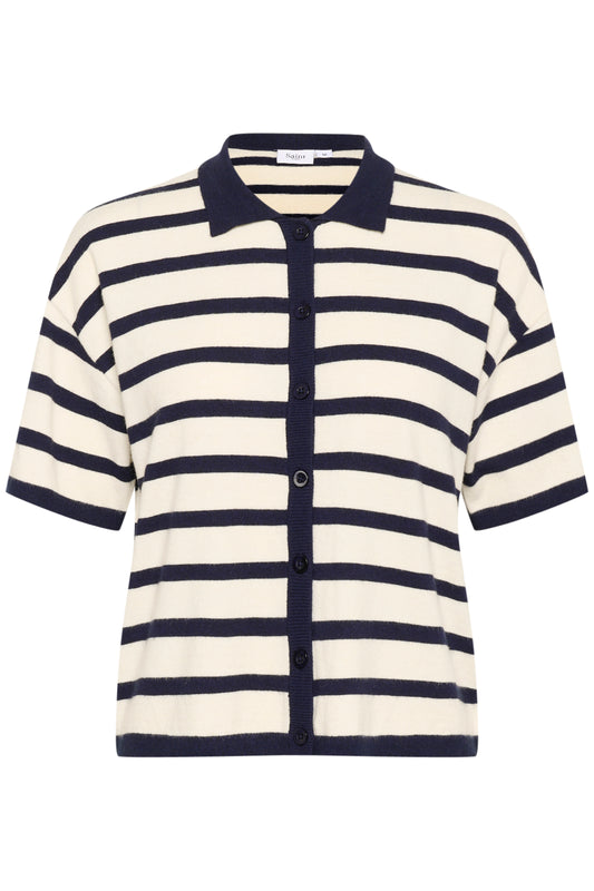 Saint Tropez LikamSZ Striped Polo Cardigan | Winter White Nightsky Stripe