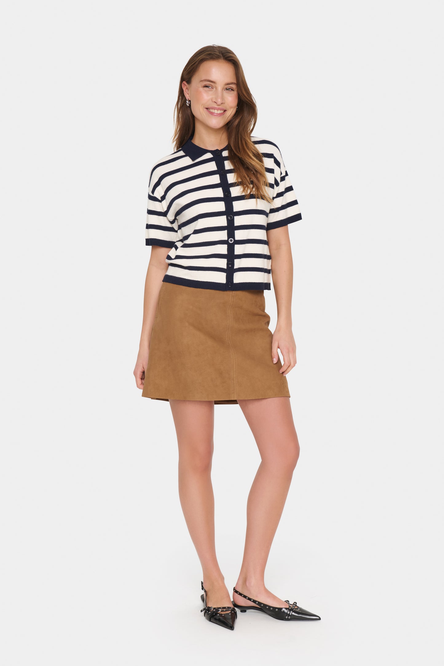Saint Tropez Likam Striped Polo Cardigan | Winter White Nightsky Stripe