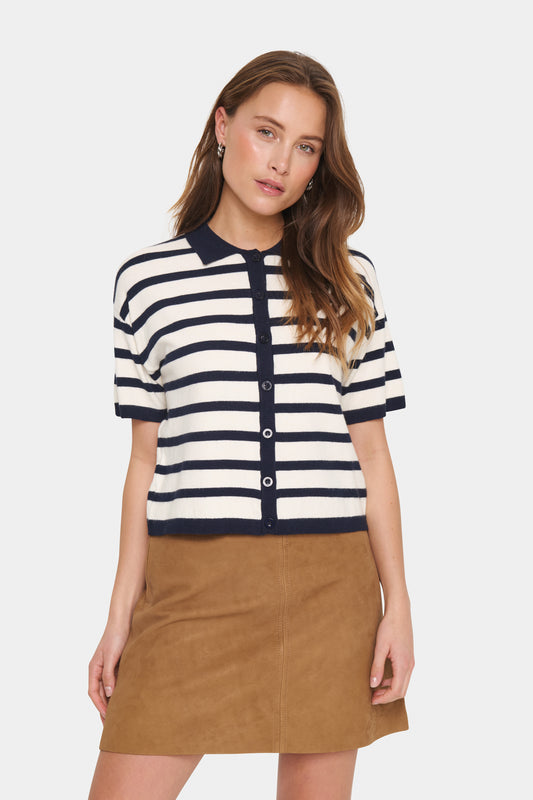Saint Tropez Likam Striped Polo Cardigan | Winter White Nightsky Stripe