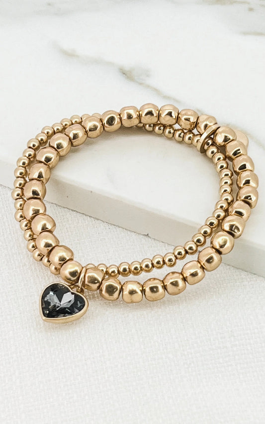 Envy Gold Bead Bracelet with Black Heart Charm