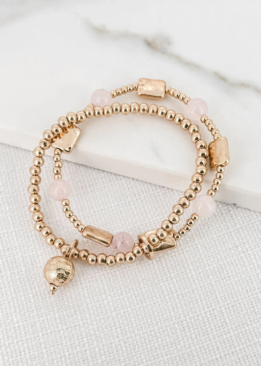 Envy Double Layer Gold & Pink Bead Bracelet with Ball Charm