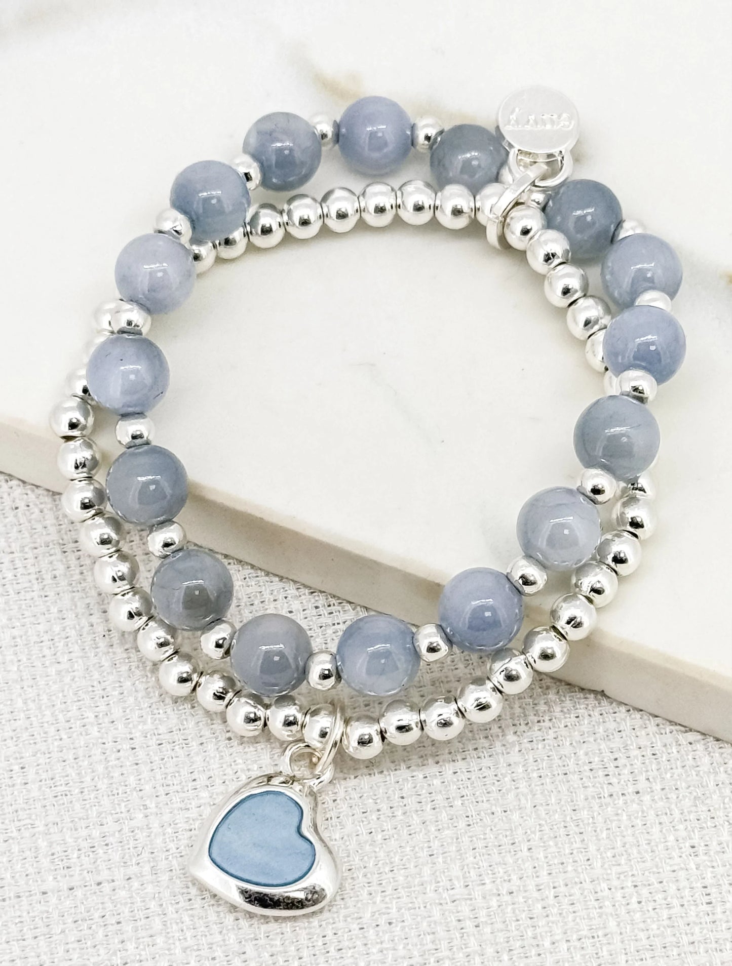 Envy Double Layer Silver and Blue Bead Stretch Bracelet with Heart Charm
