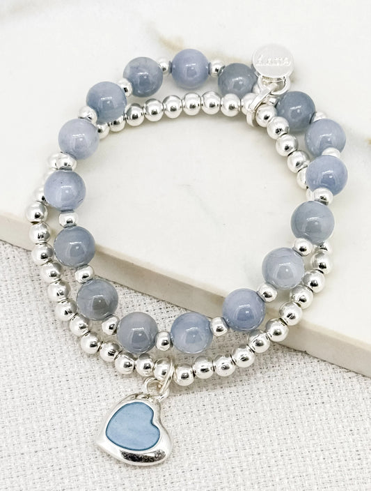 Envy Double Layer Silver and Blue Bead Stretch Bracelet with Heart Charm