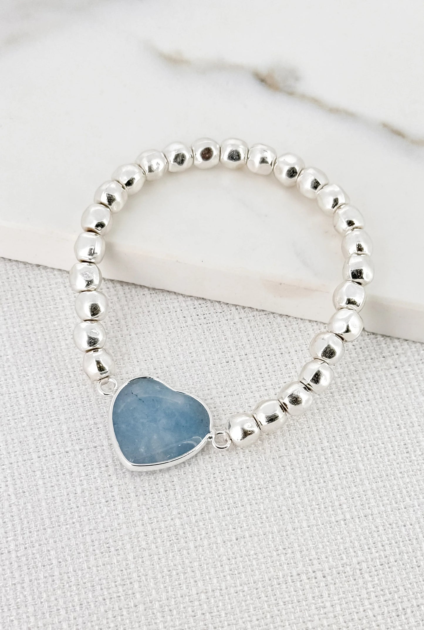 Envy Silver Alloy Bead Stretch Bracelet with Grey Semi Precious Stone Heart