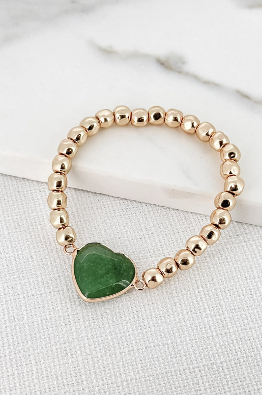 Envy Gold Alloy Bead Stretch Bracelet with Green Semi Precious Stone Heart