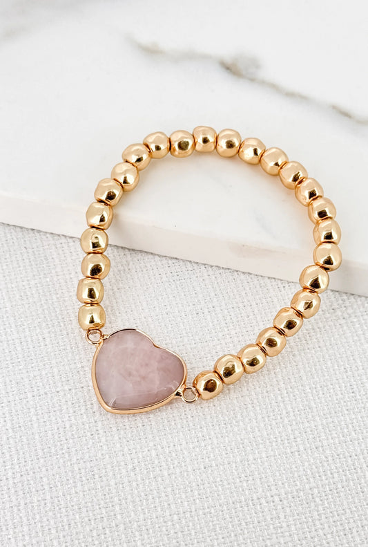 Envy Gold Alloy Bead Stretch Bracelet with Pink Semi Precious Stone Heart