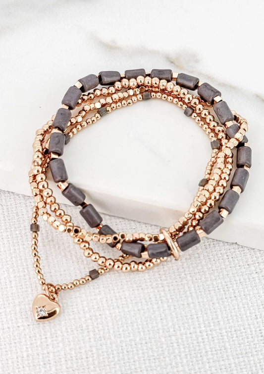 Envy Delicate Layered Gold & Grey Bead Bracelet with Heart Charm
