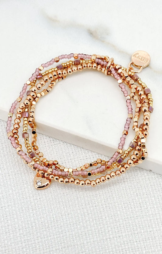 Envy Delicate Layered Gold and Pink Bead Bracelet with Heart Charm