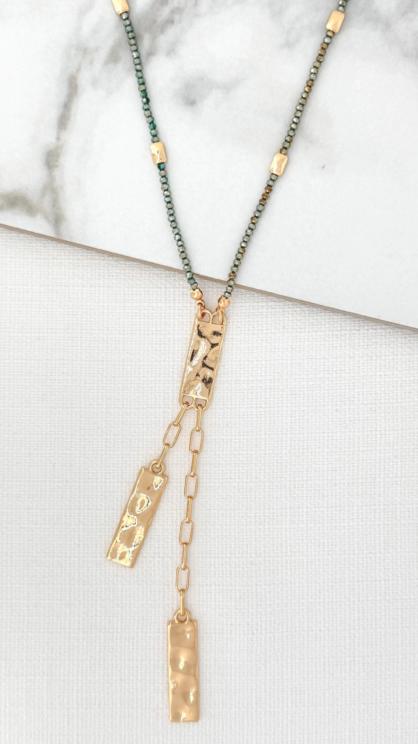 Envy Long Green Crystal Necklace with Gold Battered Pendants