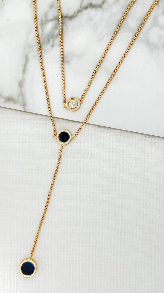 Envy Gold Double Layer Rope Necklace with Black and Diamante Circle Detail