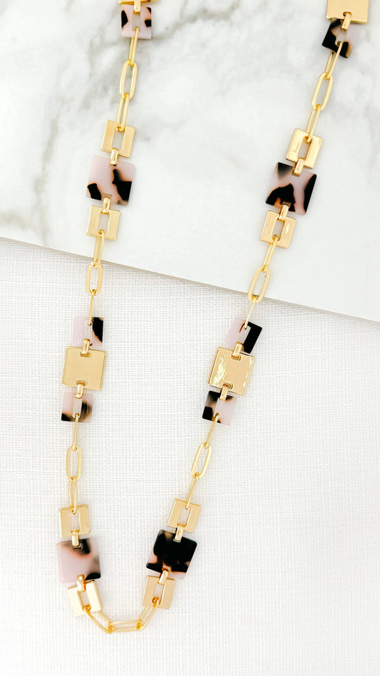 Envy Long Gold Chain Necklace with Square Gold and Leopard Detail