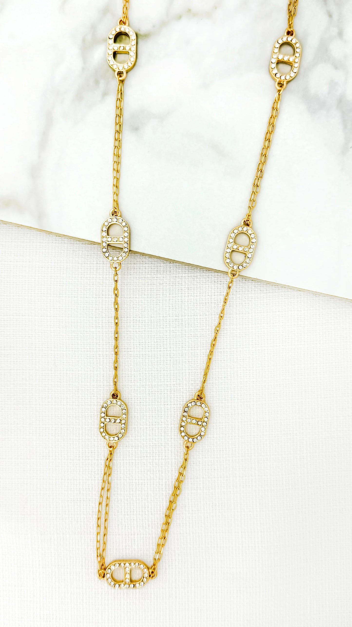 Envy Long Gold Necklace with Oval Diamante Detail