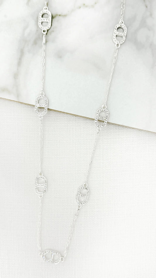 Envy Long Silver Necklace with Oval Diamante Detail