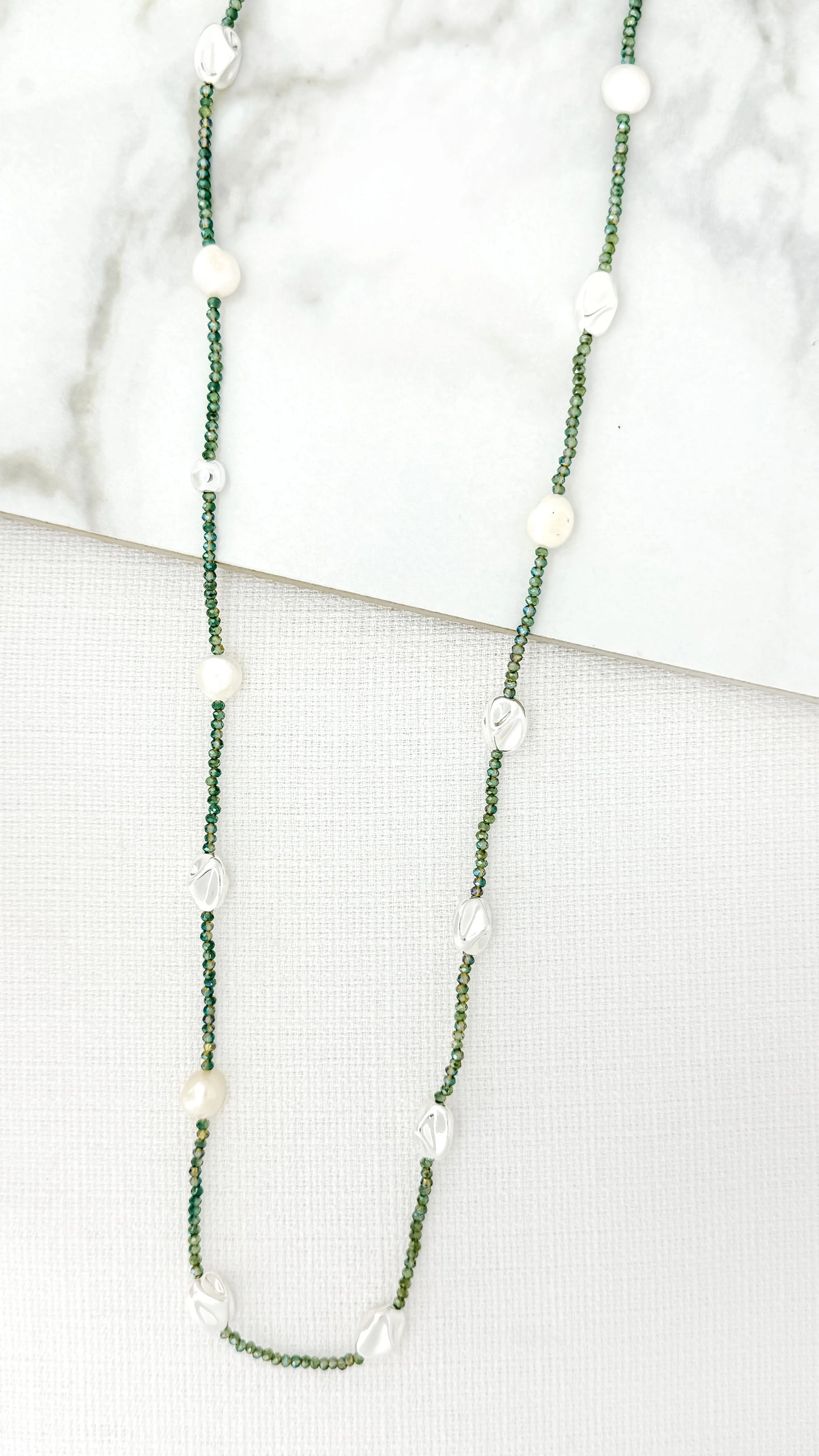 Envy Long Green Crystal Necklace with Silver and Pearl Nuggets