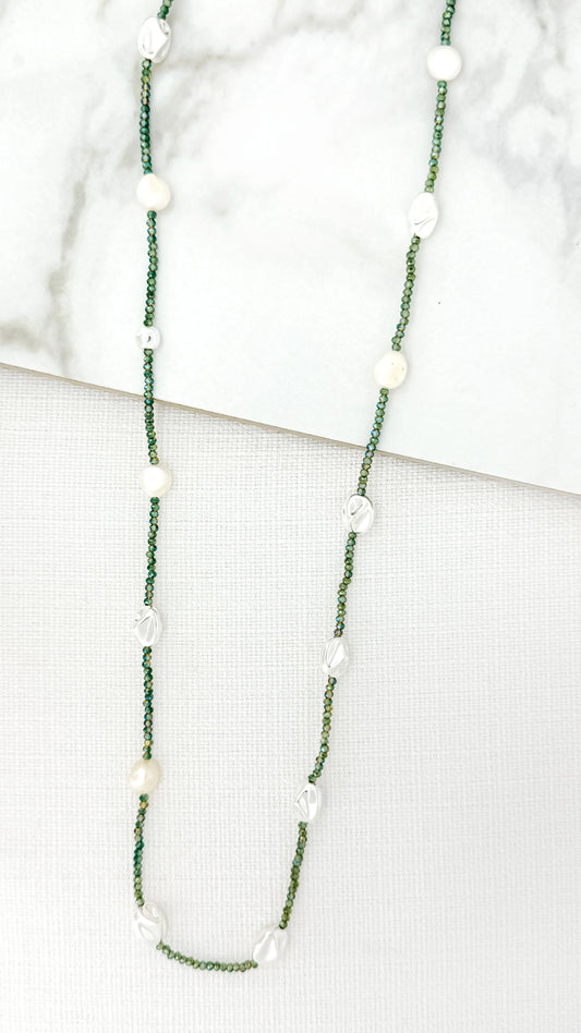Envy Long Green Crystal Necklace with Silver and Pearl Nuggets
