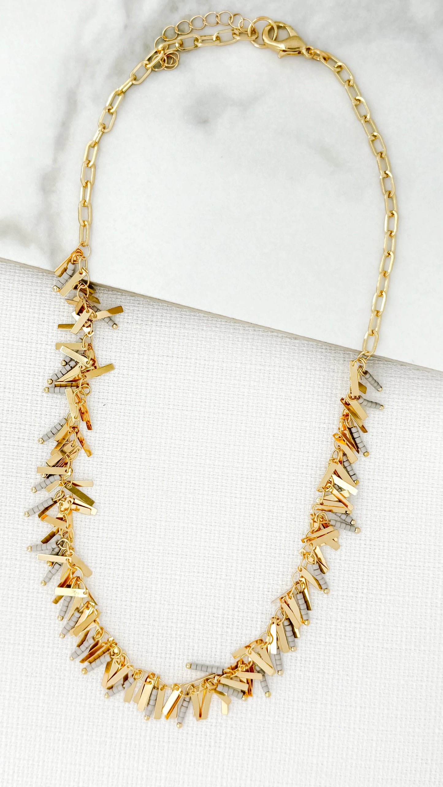 Envy Short Gold and Grey Fringe Necklace