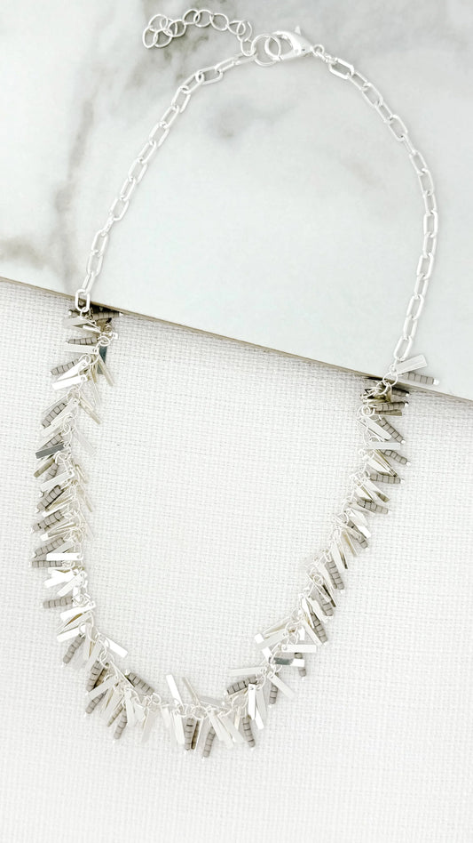 Envy Short Silver and Grey Fringe Necklace