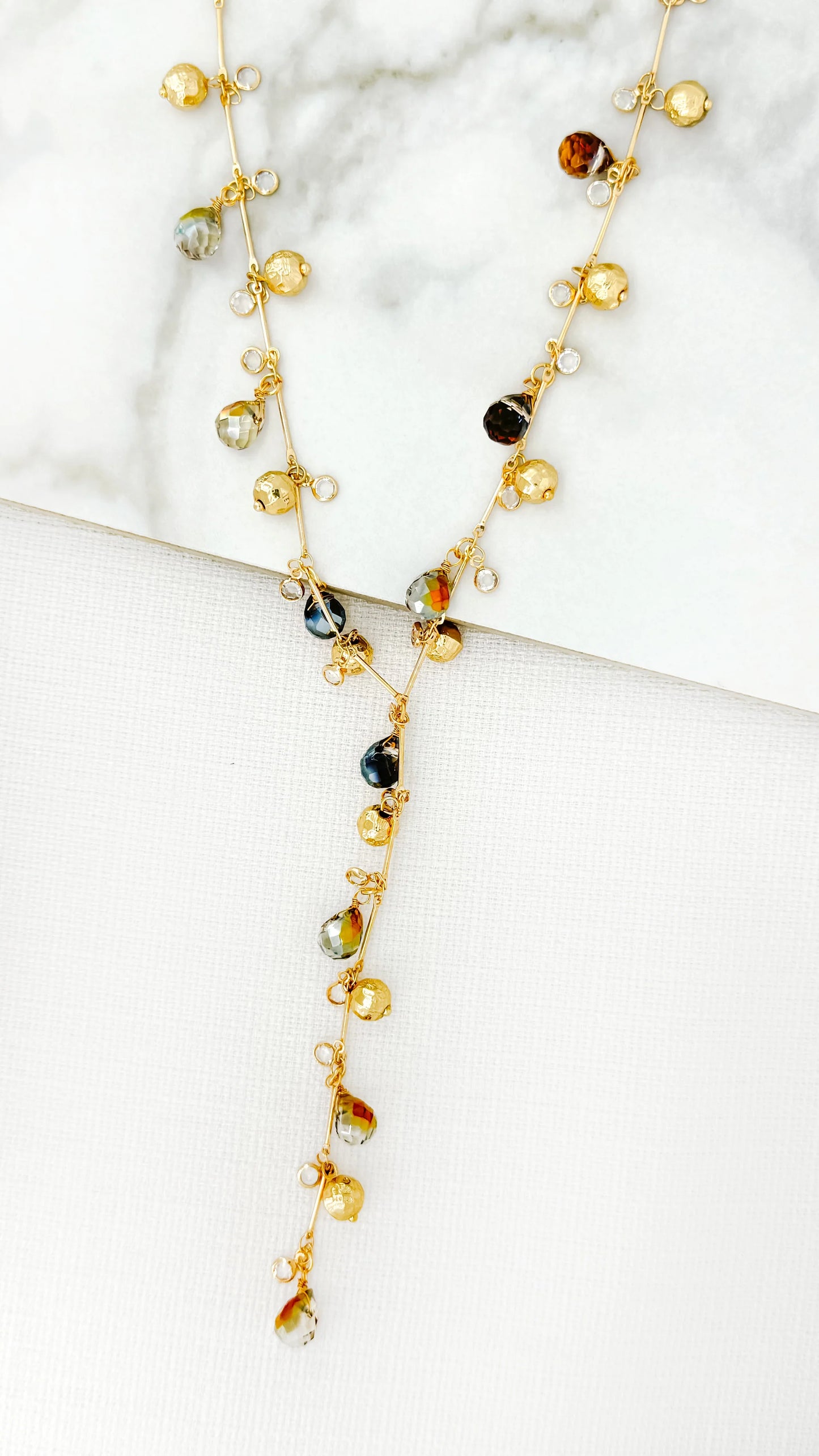 Envy Long Gold and Faceted Crystal Bead Lariat Necklace