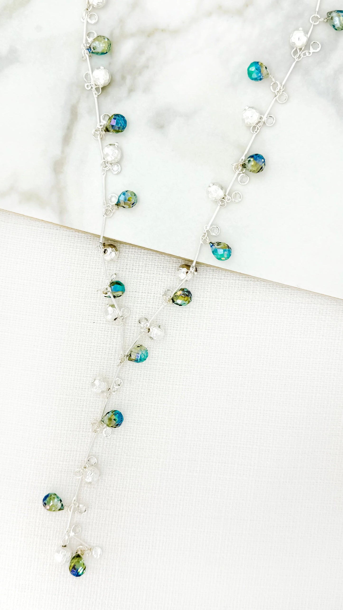 Envy Long Silver and Faceted Crystal Bead Lariat Necklace