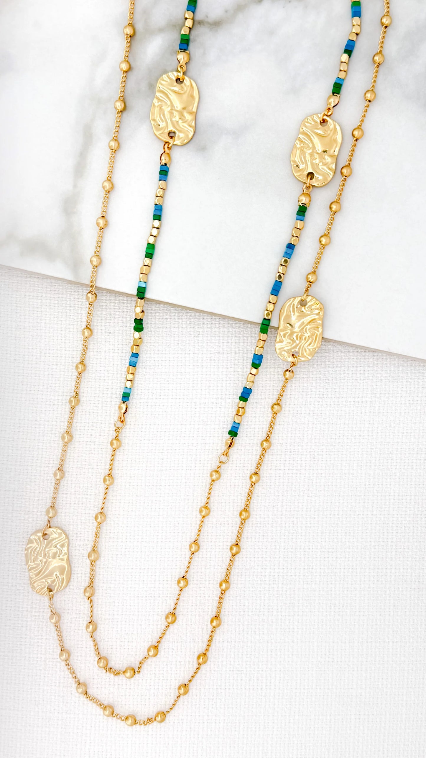 Envy Long Gold Multi Layer Necklace with Green and Blue Beads