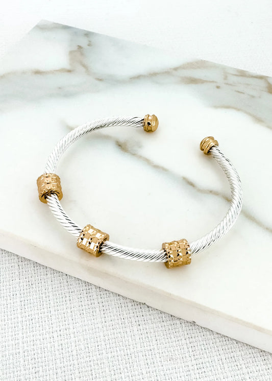 Envy Textured Silver Bangle with Gold Barrel Detail
