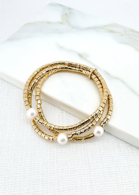 Envy Triple Layer Gold Stretch Bracelet with Pearls