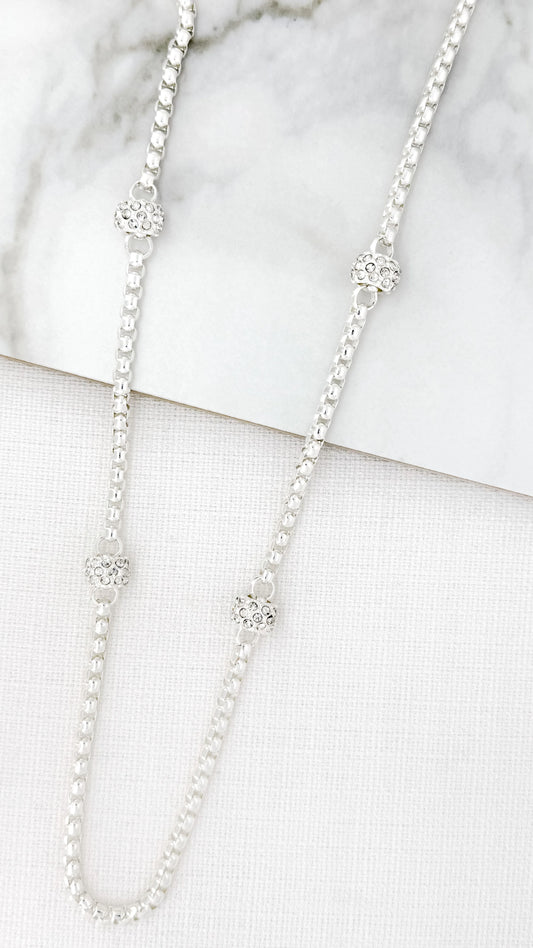 Envy Long Silver Box Chain Necklace with Diamante Details