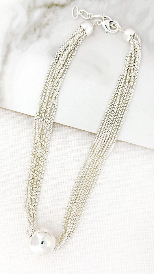 Envy Short Silver Multi Chain Necklace with Large Ball Pendant