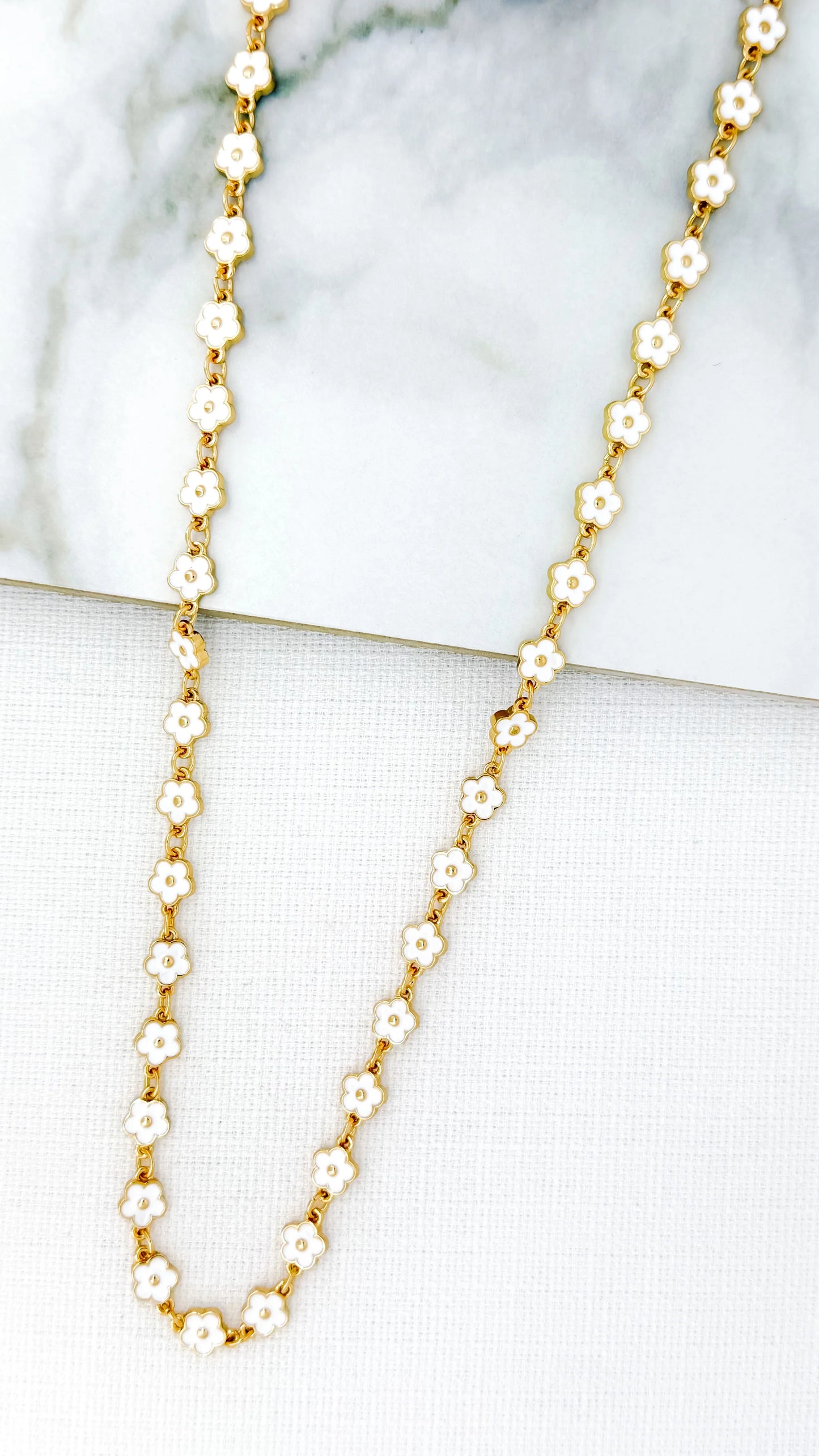 Envy Long Gold and White Enamel Daisy Necklace