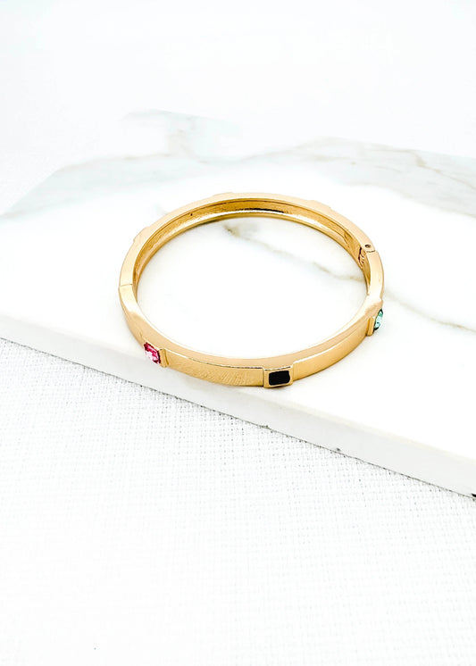 Envy Gold Hinged Bangle with Multi Coloured Faceted Glass Detail