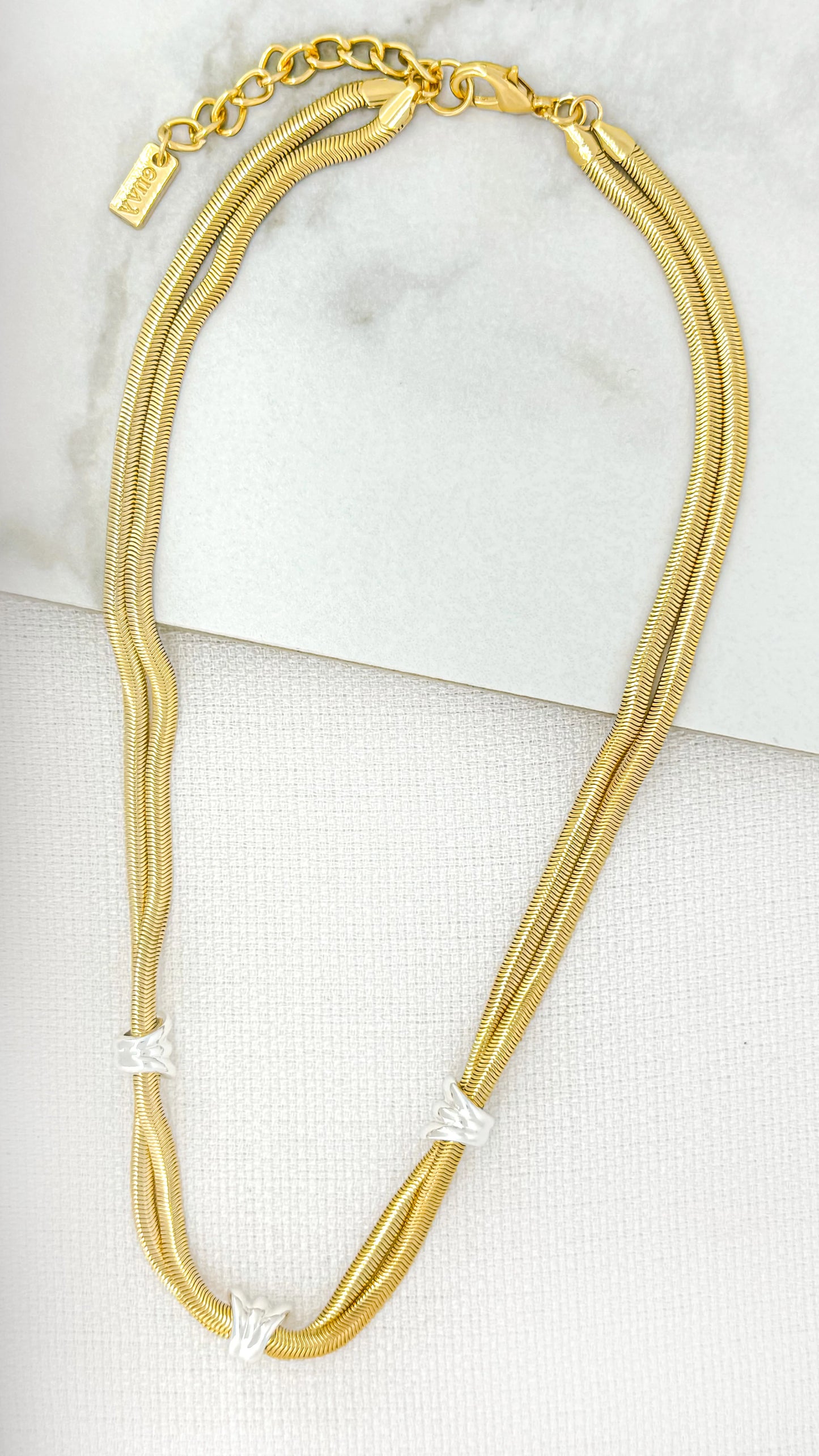 Envy Short Gold Double Layer Snake Chain Necklace with Silver Detail