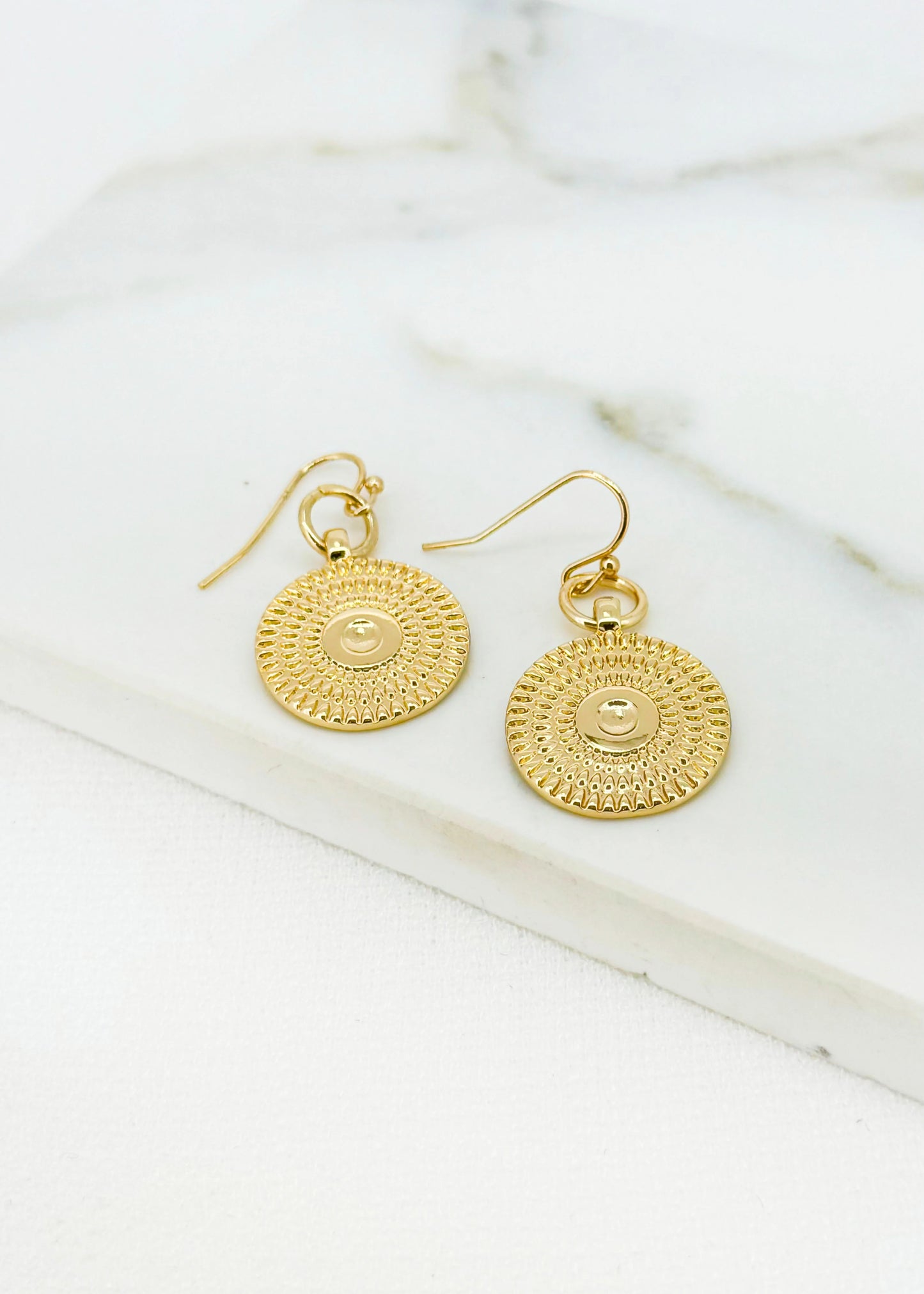 Envy Gold Textured Circle Dropper Earrings