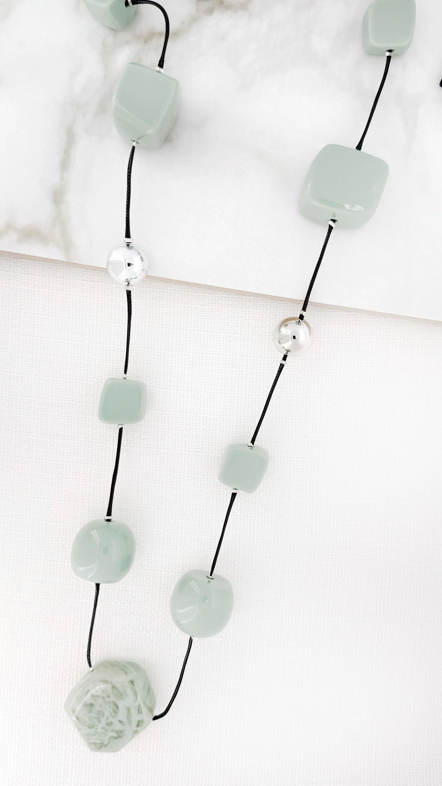 Envy Long Black Cord Necklace with Silver and Green Resin Beads