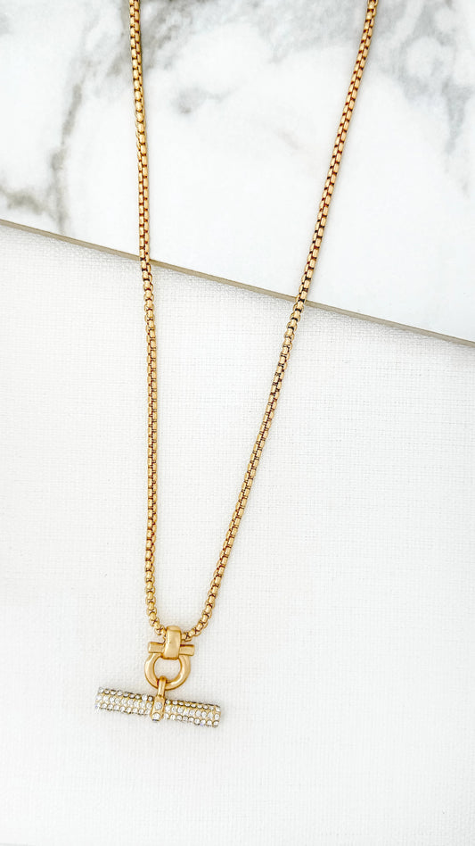Envy Long Gold Chain with Diamante T-bar Pendant