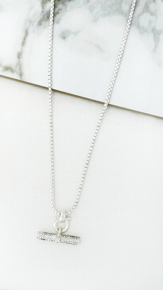 Long Silver Chain with Diamante T-bar Pendant