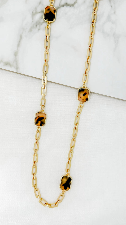 Envy Long Gold Necklace with Leopard Print Resin Pendants