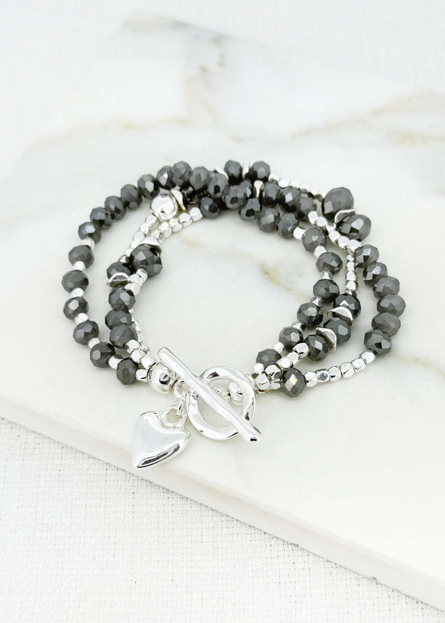 Envy Silver & Grey Faceted Bead Layer Bracelet with T-bar Clasp