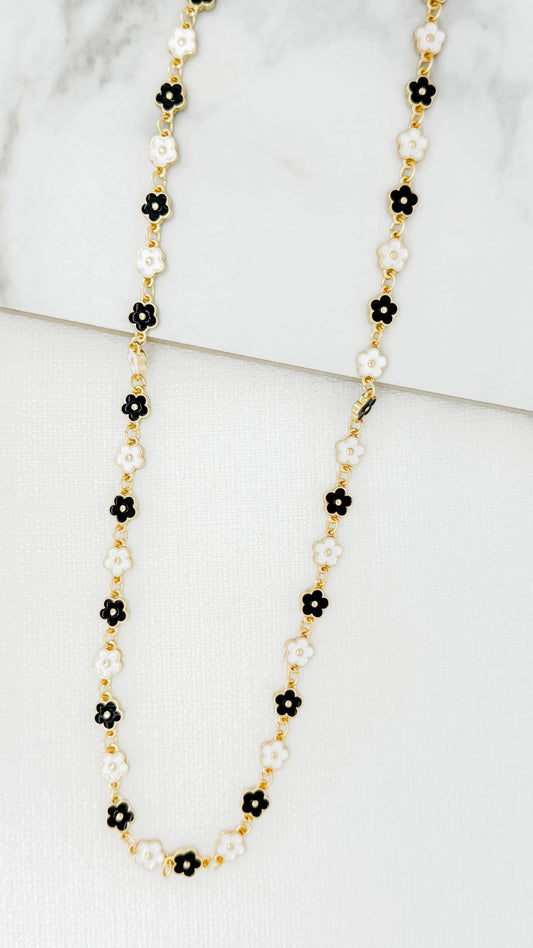 Envy Long Gold Necklace with Black & White Enamel Daisies