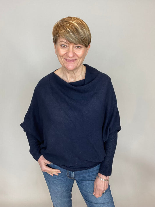 Navy Asymmetric Draped Soft Knitted Jumper